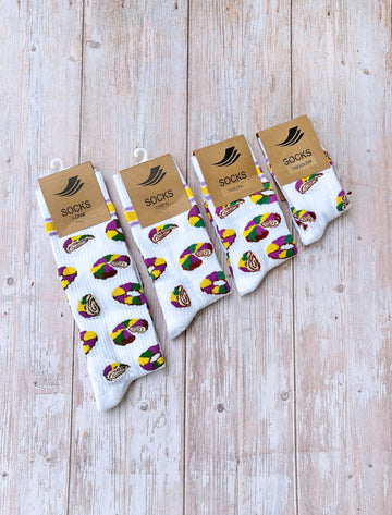 Calcetines acanalados blancos Let Them Eat King Cake (bebés, niños y adultos)