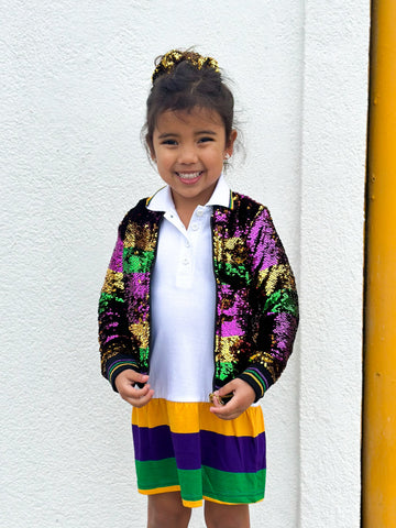 Veste à paillettes rayée violette, verte et dorée pour bébé