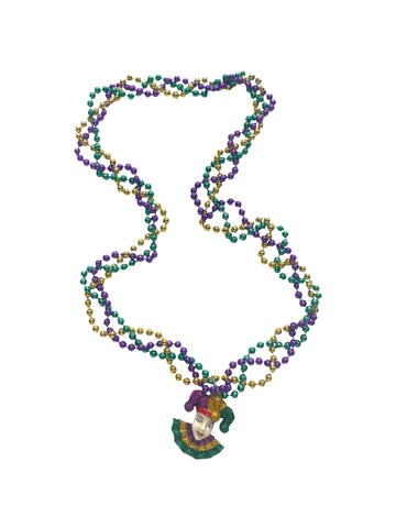 Médaillon de bouffon du Mardi Gras sur perles fantaisie multi-brins violettes, vertes et dorées