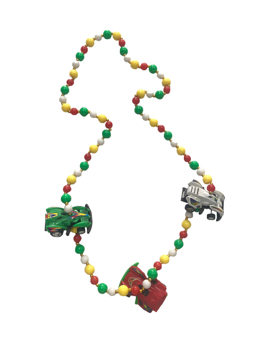 Trio de médaillons de voiture de course sur perles fantaisie jaunes, rouges et blanches