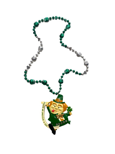 Happy St. Patrick's Day Leprechaun Medallion on Green and Silver Specialty Bead