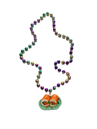 Po Boy Sandwich Medallion on Purple, Green, and Gold Specialty Bead