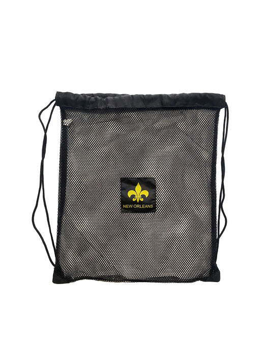 Sac à dos en maille noire avec cordon de serrage et fleur de lys