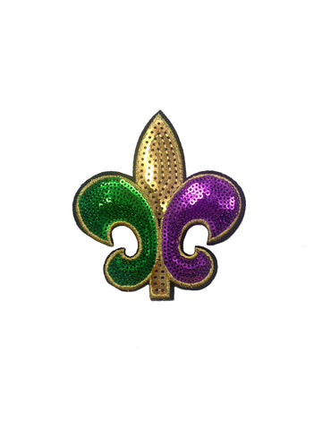 Parche Termoadhesivo de Lentejuelas Flor de Lis Morado, Verde, Dorado - Grande