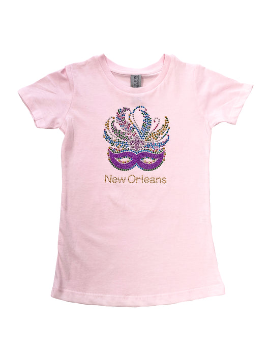 Kids Tshirt Venetian Mask Center Feather and Fleur De Lis Silver Glitter