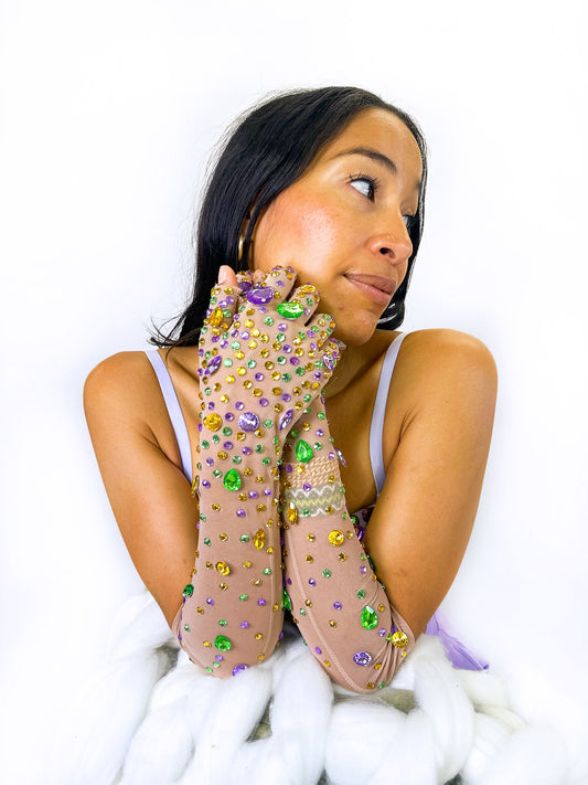 Mardi Gras Rhinestone and Jewel Gloves