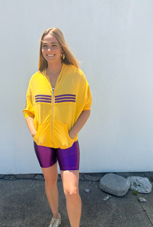 Hoodie zippé à manches 3/4 avec rayures à paillettes violettes et dorées