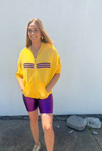 Purple and Gold Glitter Stripe 3/4 Sleeve Zip Up Hoodie