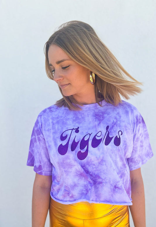 Crop top à manches courtes tie-dye violet pailleté Tigers
