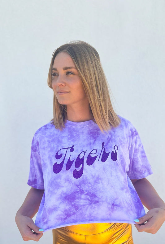 Crop top à manches courtes tie-dye violet pailleté Tigers