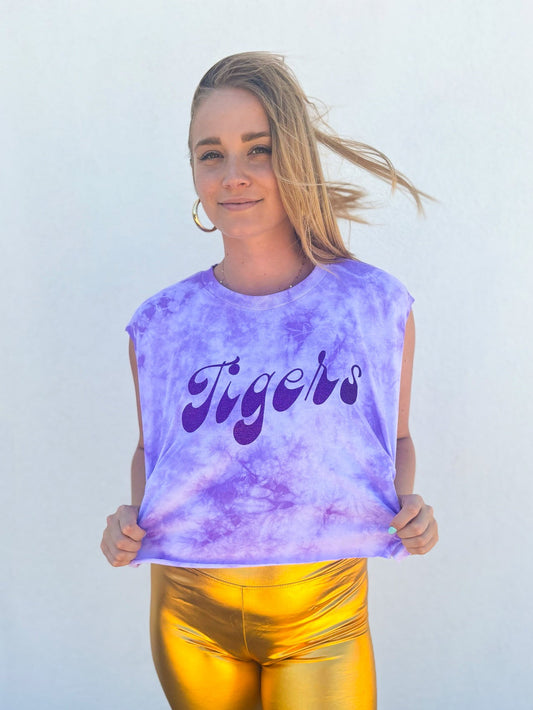 Haut court débardeur tie-dye violet paillettes tigre