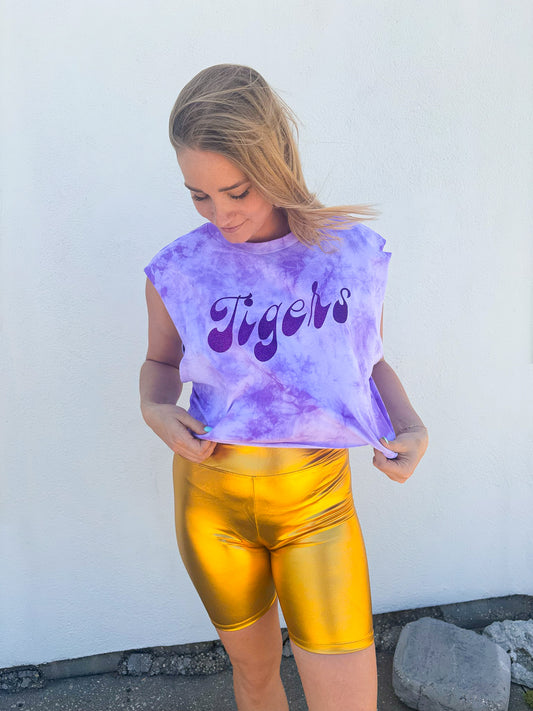 Haut court débardeur tie-dye violet paillettes tigre