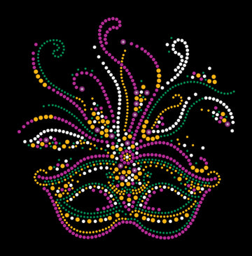 Camiseta de Máscara de Mardi Gras con Pedrería y Espirales Morados, Verdes y Dorados