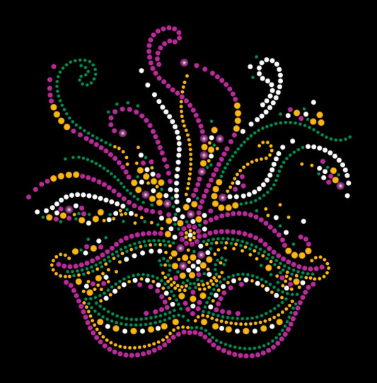 Mardi Gras Rhinestone Mask T-Shirt with Purple, Green and Gold Swirls