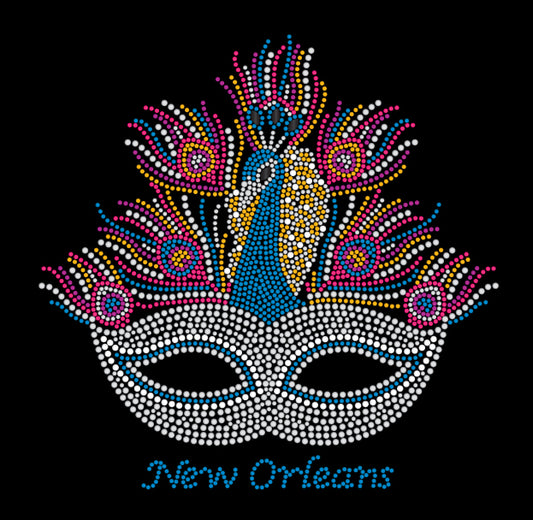 Mardi Gras Rhinestone Mask T-Shirt with Peacock Design