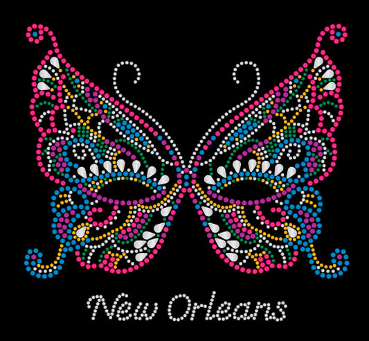 Mardi Gras Rhinestone Butterfly Mask Long Sleeve Fitted V-Neck T-Shirt