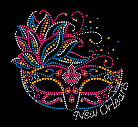 Mardi Gras Rhinestone Mask T-Shirt with Pink and Blue Feathers