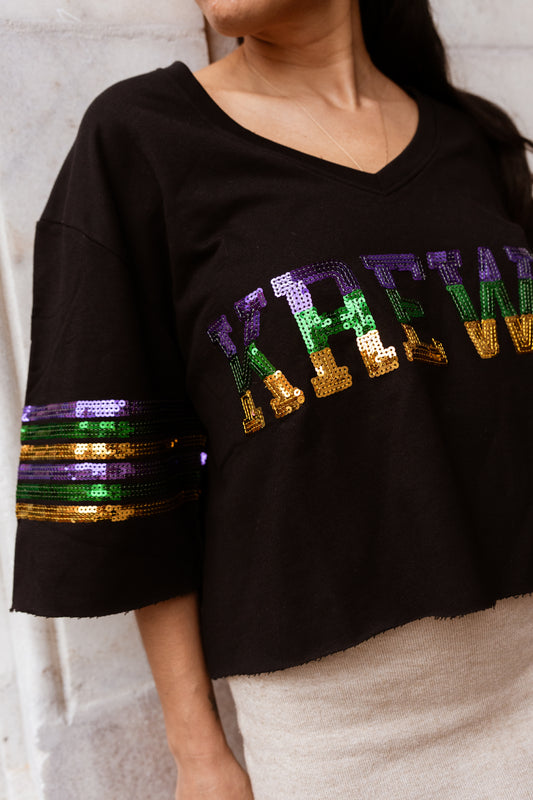 Sequin Krewe Short Sleeve Crop Pullover – Black
