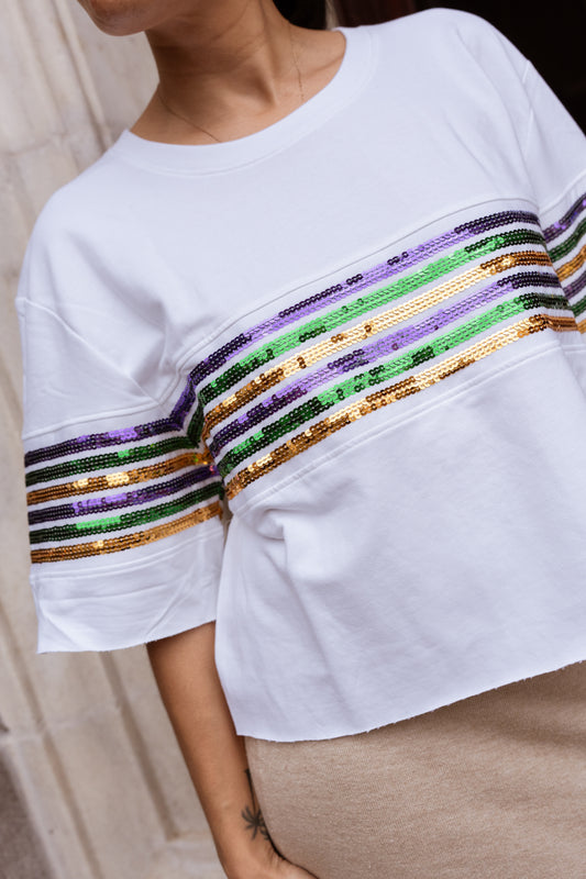 Sequin Chest Stripe Short Sleeve Crop Pullover - White
