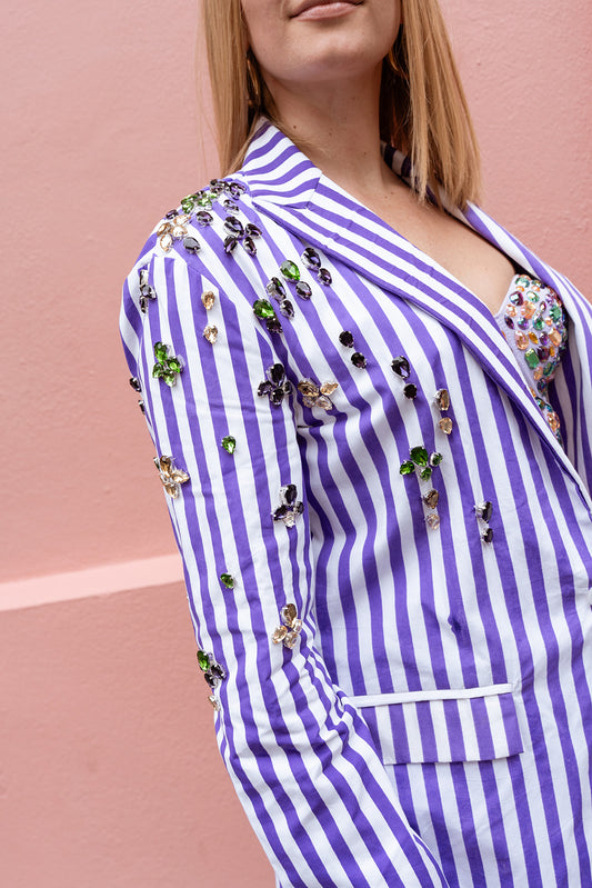 Purple Striped Block Print Blazer with Jewels