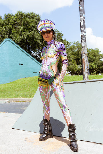 Purple, Green, and Gold Rhinestone Body Suit