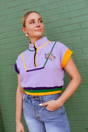 Lavender Crop Short Sleeve Quarter Zip with Ribbing and Crown