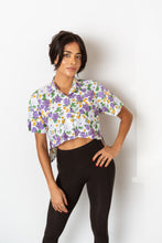 Mardi Gras Floral Block Print Button Up Crop Top Shirt