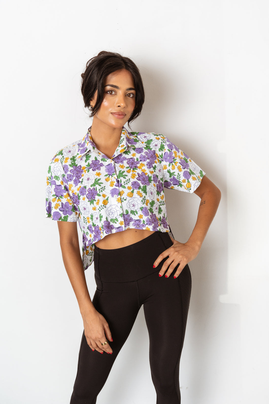 Mardi Gras Floral Block Print Button Up Crop Top Shirt