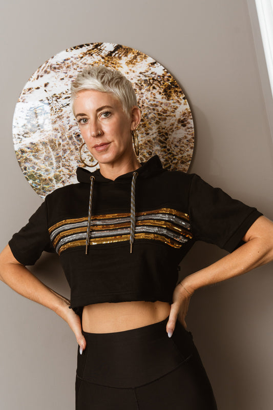 Eclipse Sequin Chest Stripe Short Sleeve Crop Top Hoodie