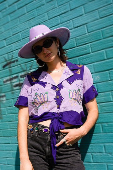 Sequin Western Embroidered Mardi Gras Button Up Crop