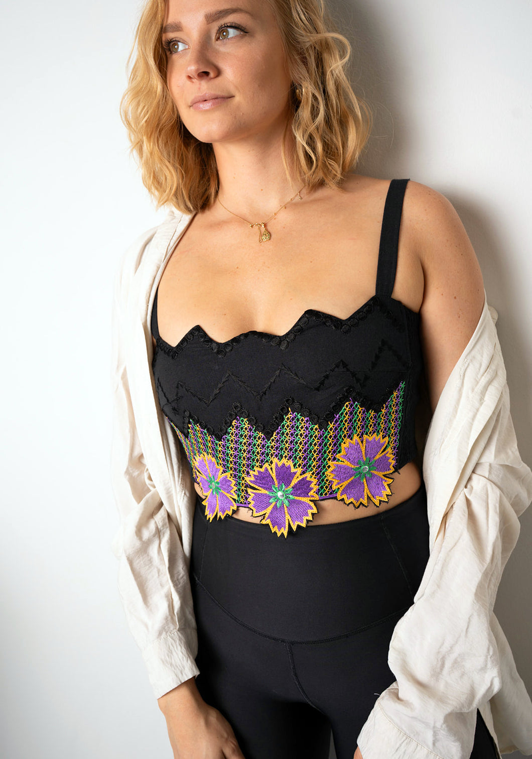 Black Floral Embroidered Crop Top