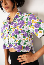 Mardi Gras Floral Block Print Button Up Crop Top Shirt