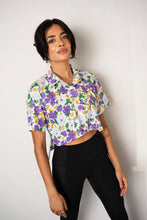 Mardi Gras Floral Block Print Button Up Crop Top Shirt