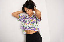 Mardi Gras Floral Block Print Button Up Crop Top Shirt