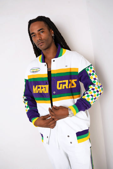 Chaqueta de carreras de felpa francesa unisex para adulto Mardi Gras