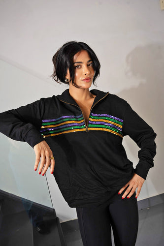 Adult Sequin Chest Stripe 1/4 Zip Pullover – Black