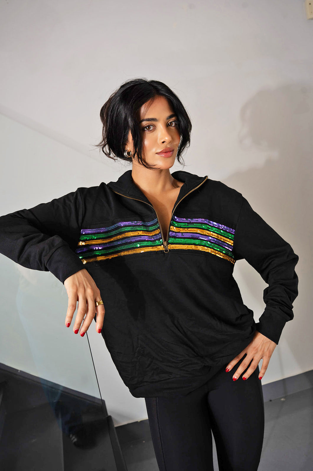 Adult Sequin Chest Stripe 1/4 Zip Pullover – Black