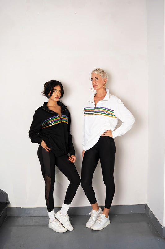 Adult Sequin Chest Stripe 1/4 Zip Pullover – White