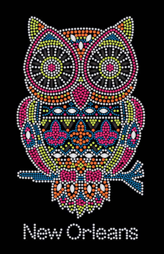 Multi Color Owl with Fleur de Lis Rhinestone T-Shirt