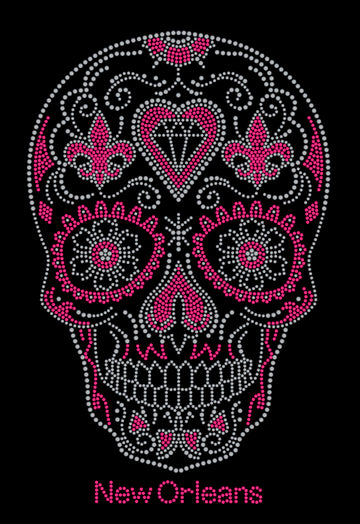 T-shirt Crâne en sucre rose et argenté avec strass Fleur de Lys