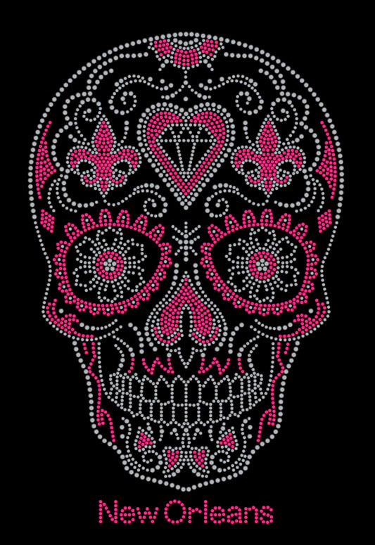 Pink and Silver Sugar Skull with Fleur de Lis's Rhinestone Tshirt
