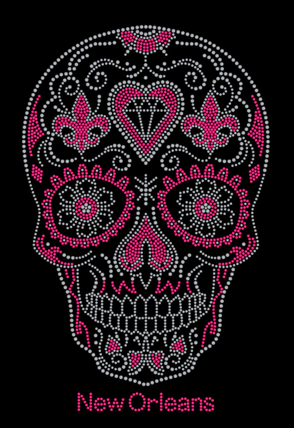Pink and Silver Sugar Skull with Fleur de Lis's Rhinestone Tshirt