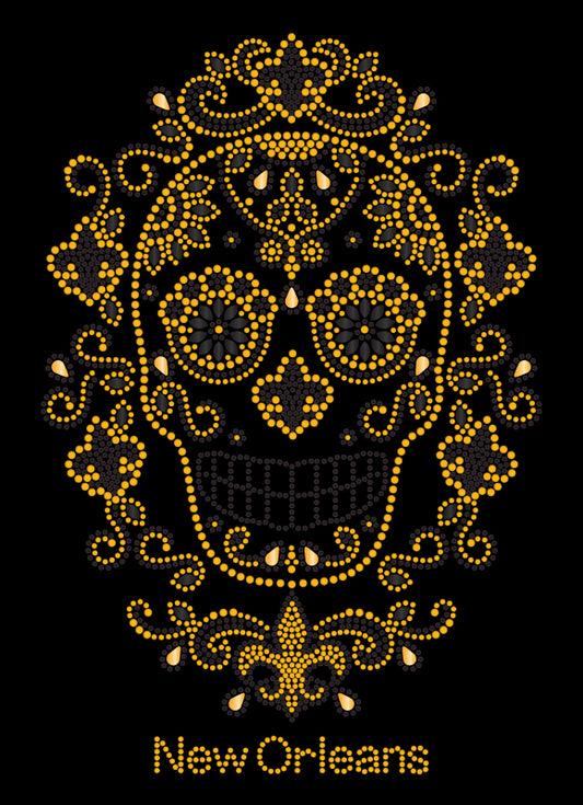 T-shirt Crâne de Sucre Noir et Or avec Strass Fleur de Lys
