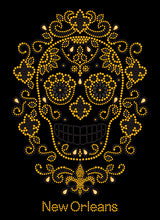 Black and Gold Sugar Skull with Surrounding Fleur de Lis Rhinestone Tshirt