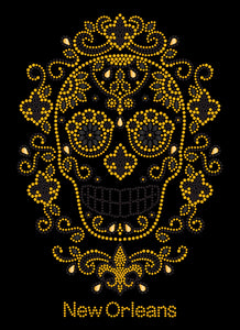 Black and Gold Sugar Skull with Surrounding Fleur de Lis Rhinestone Tshirt