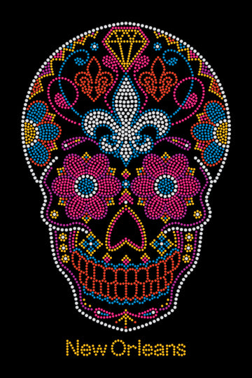 T-shirt Tête de Mort Mexicaine Multicolore avec Fleur de Lys et Fleurs en Strass