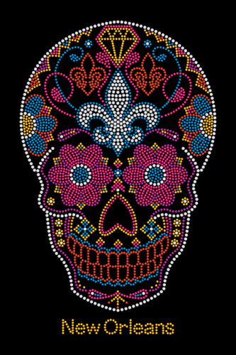 Multi Color Sugar Skull with Fleur de Lis and Flowers Rhinestone Tshirt