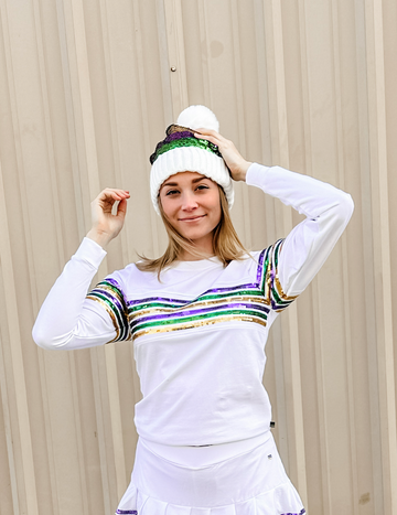 Sudadera de felpa francesa para adulto con lentejuelas y rayas - Blanco