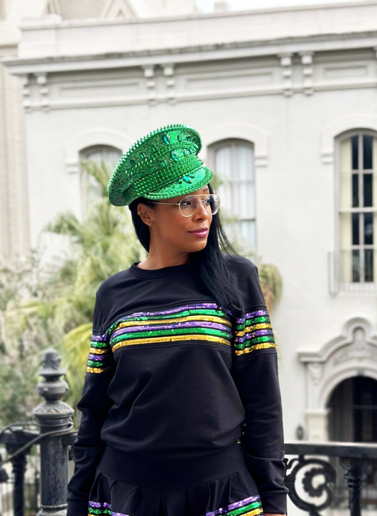French Terry Adult Sequins Stripes Pullover - Black