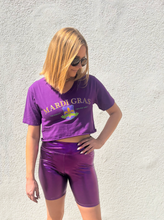 Mardi Gras World's Greatest Party Crest Purple Crop V-Neck T-Shirt